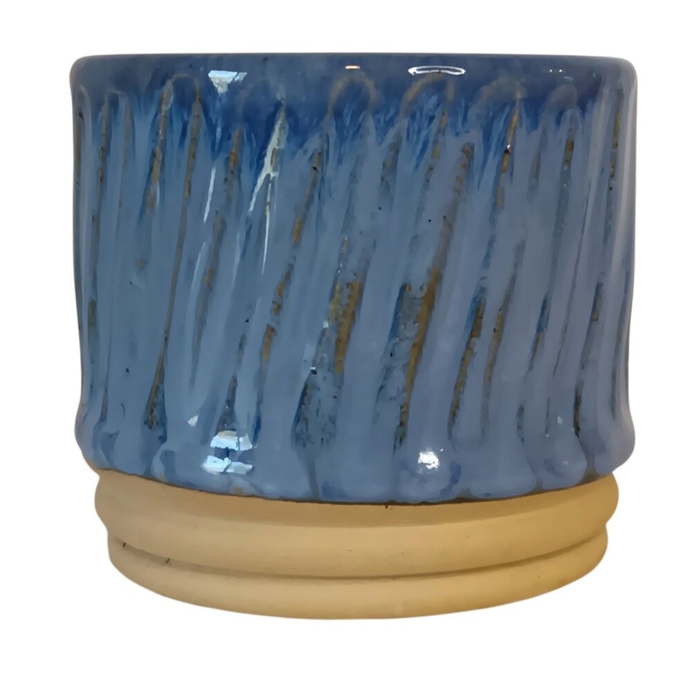 Studio Pottery Blue Round Textured Swirls Planter Pot Glossy Signed Chandler 3x3